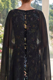 Robe longue de la mère de la mariée brodée en tulle noir à ligne A avec une cape