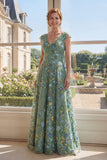 Robe longue de la mère de la mariée en tulle vert brodée en V, décolleté en V