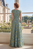 Robe longue de la mère de la mariée en tulle vert brodée en V, décolleté en V