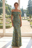 Robe de la mère de la mariée brodée en tulle sirène verte sur les épaules décalées