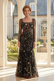 Robe noire en tulle à col carré brodée Mother Of the Bride