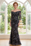 Tulle sirène noire sur l’épaule Applique robe de la mère de la mariée avec perles