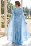 Costume longue de la mère de la mariée à col en V bleu clair avec manches de cape