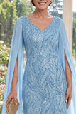 Costume longue de la mère de la mariée à col en V bleu clair avec manches de cape