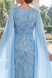 Costume longue de la mère de la mariée à col en V bleu clair avec manches de cape