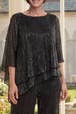 Robe noire asymétrique 2 pièces Mother Of the Bride avec demi-manches