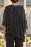 Robe noire asymétrique 2 pièces Mother Of the Bride avec demi-manches