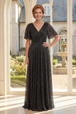 Robe longue de la mère de la mariée noire en V à col en A avec manches flottantes