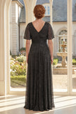 Robe longue de la mère de la mariée noire en V à col en A avec manches flottantes