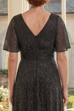Robe longue de la mère de la mariée noire en V à col en A avec manches flottantes