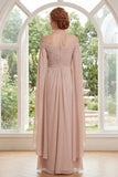 Robe de la mère de la mariée fronceuse au champagne en chiffon découverte des épaules avec manches cape