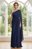 Robe de la mère de la mariée en chiffon bleu marine à une épaule avec manches de cape