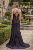 Robe de bal longue de bal en satin noir perlée de sirène avec fente