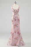 Robe longue de bal rose à col carré à fleurs de sirène avec perles