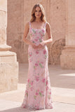 Robe longue de bal rose à col carré à fleurs de sirène avec perles