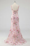 Robe longue de bal rose à col carré à fleurs de sirène avec perles