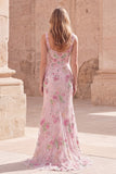 Robe longue de bal rose à col carré à fleurs de sirène avec perles