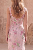 Robe longue de bal rose à col carré à fleurs de sirène avec perles