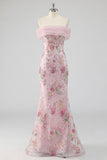 Robe longue de bal rose sirène rose à fleurs dénudée avec perles