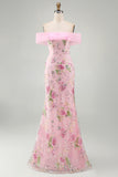 Robe longue de bal rose sirène rose à fleurs dénudée avec perles