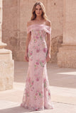 Robe longue de bal rose sirène rose à fleurs dénudée avec perles
