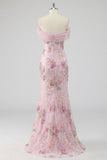 Robe longue de bal rose sirène rose à fleurs dénudée avec perles