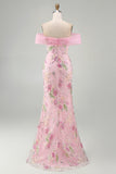 Robe longue de bal rose sirène rose à fleurs dénudée avec perles
