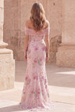 Robe longue de bal rose sirène rose à fleurs dénudée avec perles