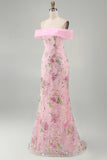 Robe longue de bal rose sirène rose à fleurs dénudée avec perles