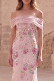 Robe longue de bal rose sirène rose à fleurs dénudée avec perles