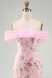 Robe longue de bal rose sirène rose à fleurs dénudée avec perles