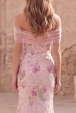 Robe longue de bal rose sirène rose à fleurs dénudée avec perles