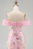 Robe longue de bal rose sirène rose à fleurs dénudée avec perles