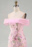 Robe longue de bal rose sirène rose à fleurs dénudée avec perles