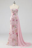 Robe de bal longue de bal rose sirène rose perlée de bustier avec une ceinture