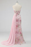 Robe de bal longue de bal rose sirène rose perlée de bustier avec une ceinture