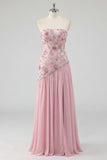 Robe de bal longue de bal rose rose à perles en A-Line et longue robe de bal avec fente