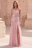 Robe de bal longue de bal rose rose à perles en A-Line et longue robe de bal avec fente