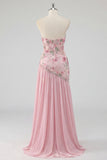 Robe de bal longue de bal rose rose à perles en A-Line et longue robe de bal avec fente