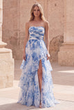 Robe de bal de promo longue à volants à volants en fleur blanche bleue, bretelle et file,