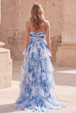 Robe de bal de promo longue à volants à volants en fleur blanche bleue, bretelle et file,