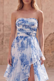 Robe de bal de promo longue à volants à volants en fleur blanche bleue, bretelle et file,