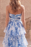 Robe de bal de promo longue à volants à volants en fleur blanche bleue, bretelle et file,