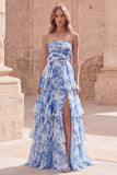 Robe de bal de promo blanche bleue, file, à étages et fête