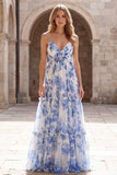 Robe de bal longue à bretelles fines en mousseline blanche bleue en chiffon en ligne A