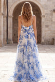 Robe de bal longue à bretelles fines en mousseline blanche bleue en chiffon en ligne A