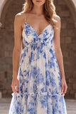 Robe de bal longue à bretelles fines en mousseline blanche bleue en chiffon en ligne A