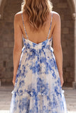 Robe de bal longue à bretelles fines en mousseline blanche bleue en chiffon en ligne A