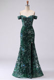 Robe de bal longue de bal en sirène scintillante, vert foncé sur les épaules dénudées, sequins