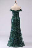 Robe de bal longue de bal en sirène scintillante, vert foncé sur les épaules dénudées, sequins